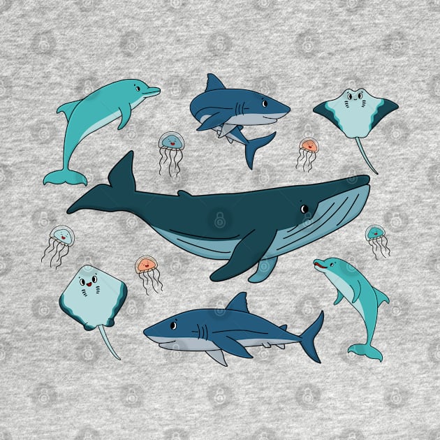 cartoon ocean and sea happy animals. Whale, dolphin, shark, stingray of two types, jellyfish by essskina